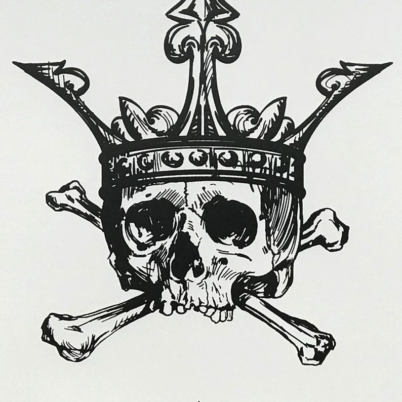 May include: Black and white illustration of a skull wearing a crown with crossed bones behind it.