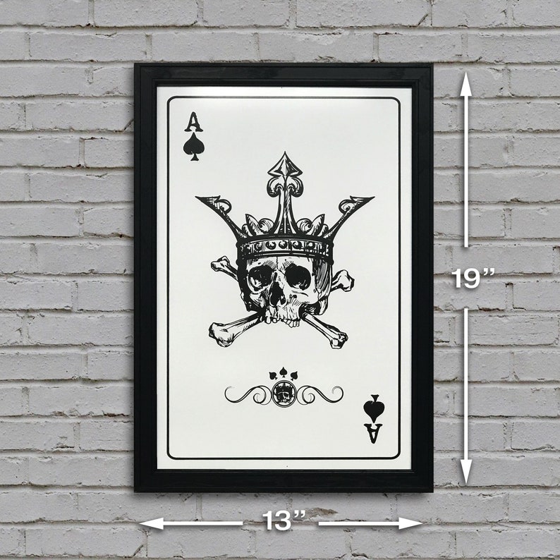 May include: A black framed print of a playing card with a skull wearing a crown and crossed bones. The card is the Ace of Spades. The print measures 13 inches wide by 19 inches tall.