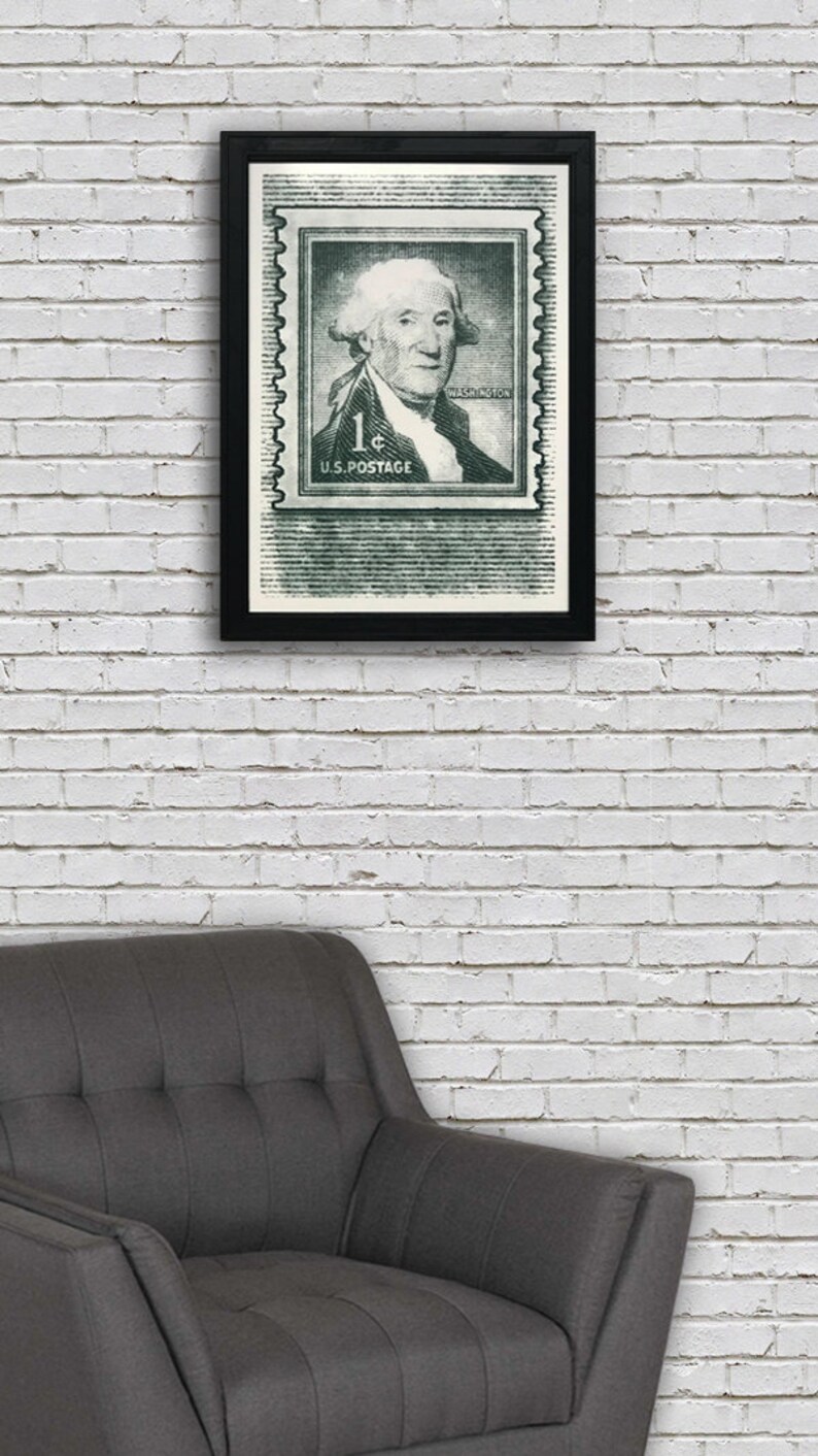 May include: A framed black and white print of a vintage US postage stamp featuring George Washington. The stamp is green and has the text "1&cent; U.S. POSTAGE" and "WASHINGTON".