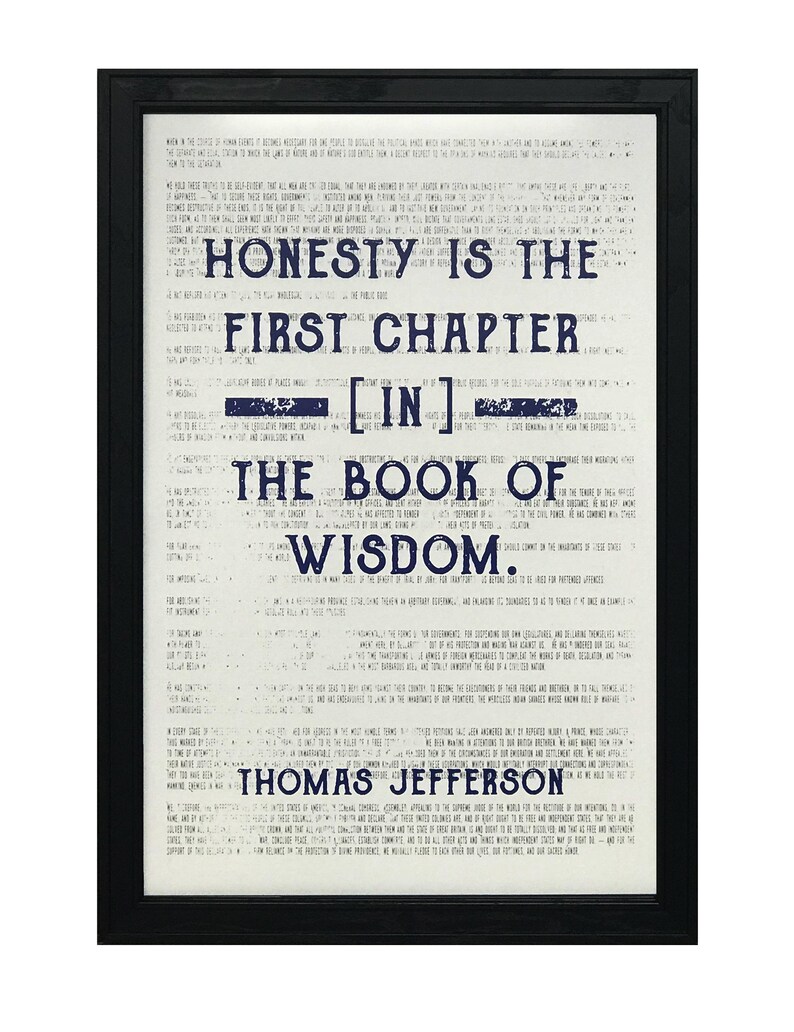 May include: A black framed print with a white background and blue text. The text reads "Honesty is the first chapter [in] the book of wisdom. Thomas Jefferson."