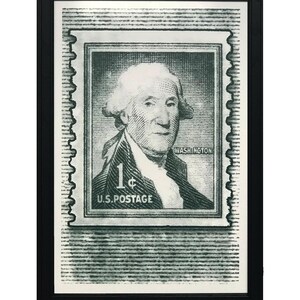 May include: A framed print of a vintage 1 cent US postage stamp featuring a portrait of George Washington. The stamp is green and white with the text "WASHINGTON" and "U.S. POSTAGE" printed on it.