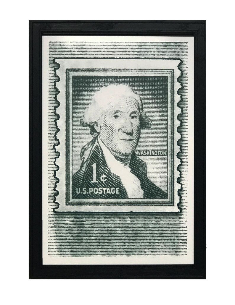 May include: A framed print of a vintage 1 cent US postage stamp featuring a portrait of George Washington. The stamp is green and white with the text "WASHINGTON" and "U.S. POSTAGE" printed on it.