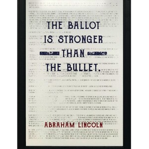 May include: A black and white image of a quote by Abraham Lincoln. The quote reads "The ballot is stronger than the bullet." The quote is printed on a vintage-style background with a distressed look.