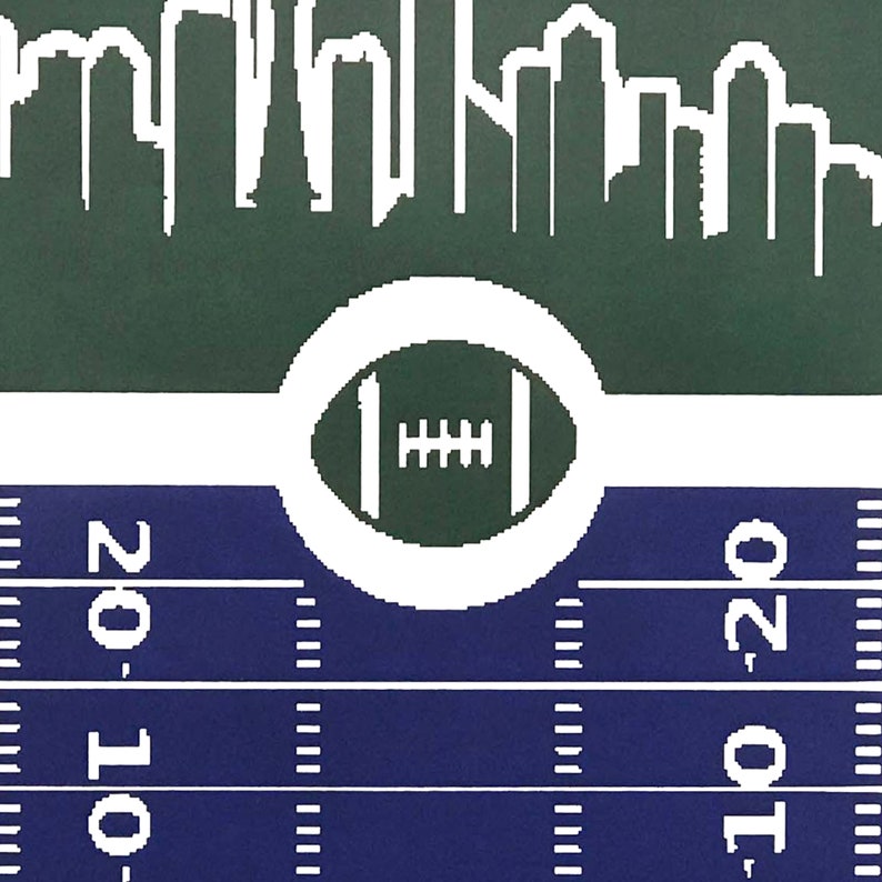 May include: A green and white football-themed graphic with a white outline of a city skyline at the top. The football is in a white circle with a green background. The bottom of the graphic is a blue football field with white yard lines and the numbers "20, 10" on the left side and "10, 20" on the right side.