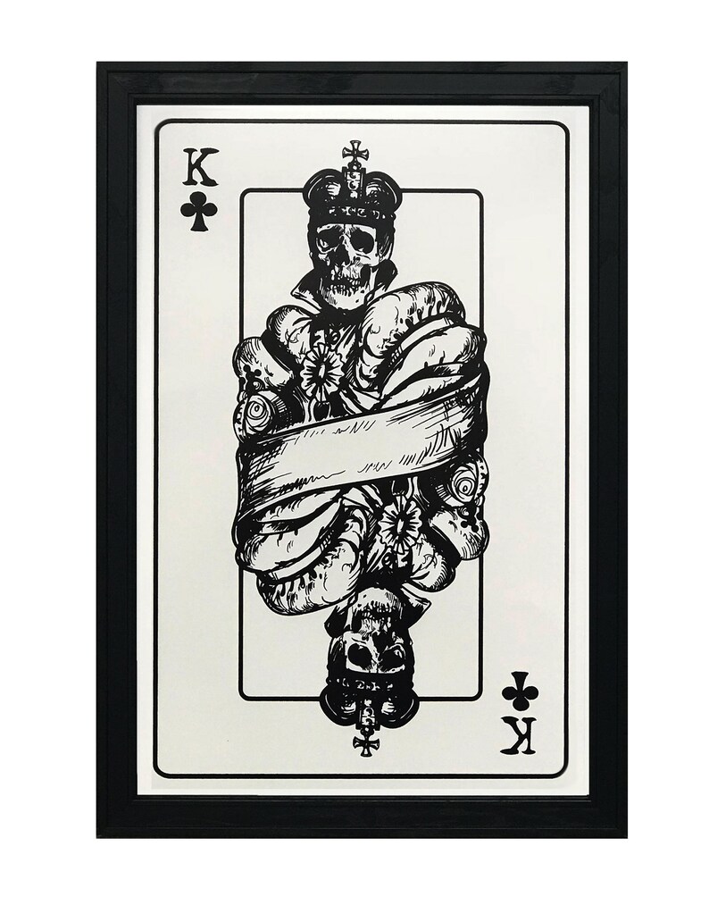May include: A black and white illustration of the King of Clubs playing card. The card features a skull wearing a crown and surrounded by tentacles. The card is framed in black.