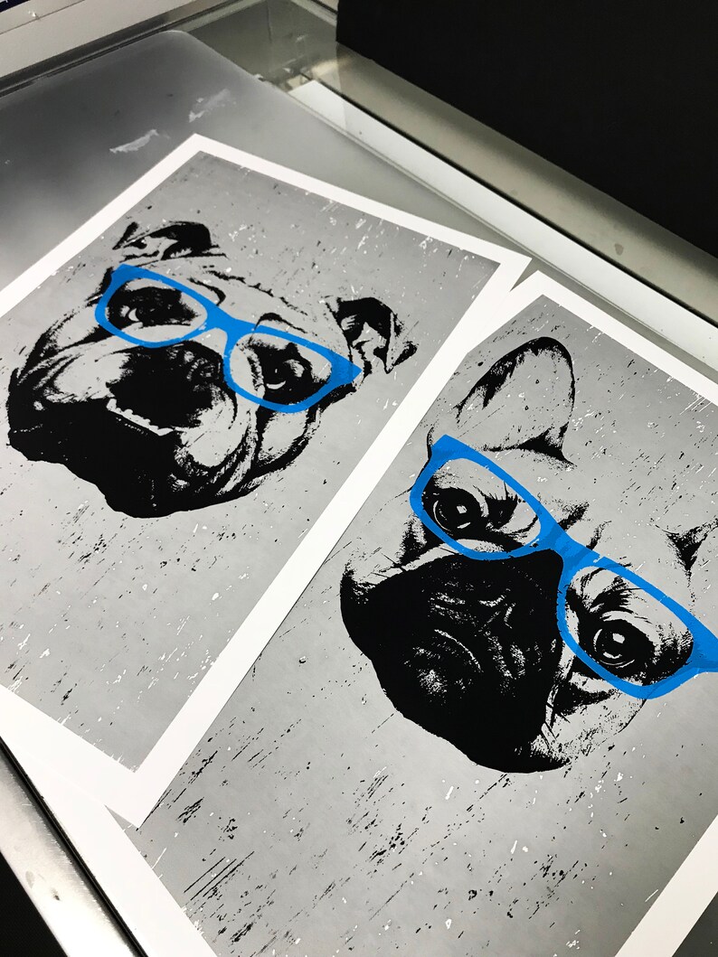 May include: Two black and white illustrations of dogs wearing blue glasses on a gray background.
