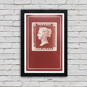 May include: A red poster with a vintage-style illustration of a postage stamp featuring a profile of a woman with the text "POSTAGE" and "ONE PENNY" in white.