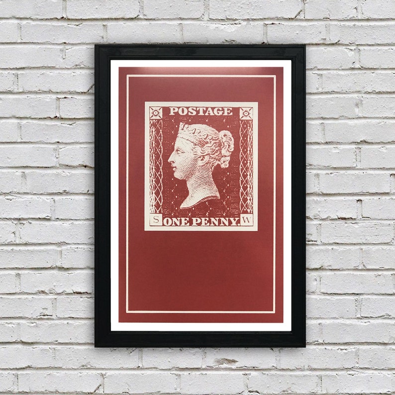 May include: A red poster with a vintage-style illustration of a postage stamp featuring a profile of a woman with the text "POSTAGE" and "ONE PENNY" in white.