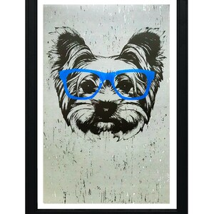 May include: A black and white illustration of a Yorkshire Terrier wearing blue glasses against a gray textured background. The image is framed in black.