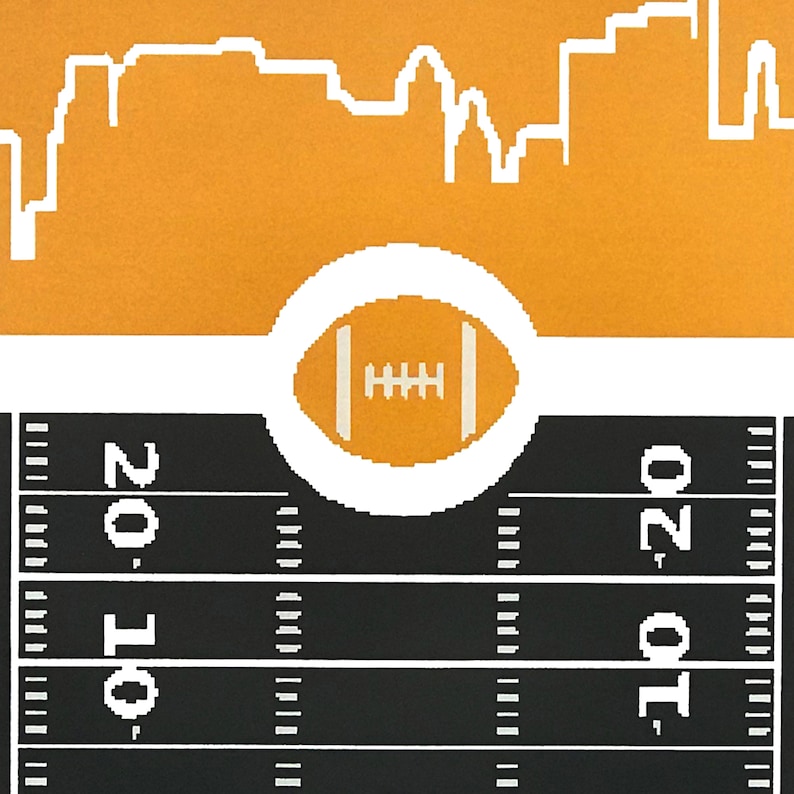 May include: A black and white illustration of a football field with the numbers 10, 20, 10, and 20 printed on the field. A white circle with a football inside is in the center of the image. The background is orange with a white cityscape.