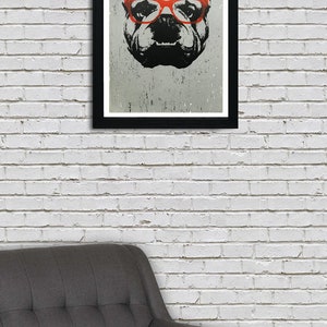 May include: A black and white illustration of a bulldog wearing red glasses. The bulldog's face is the focus of the image, with the background being a light gray.