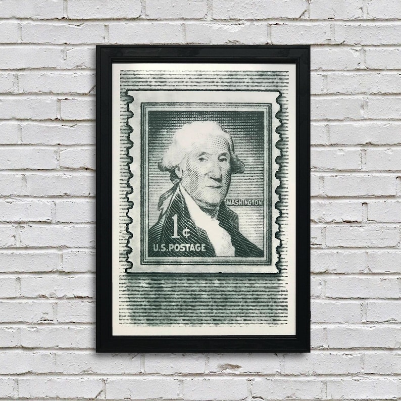 May include: A vintage-style green and white 1 cent US postage stamp featuring a portrait of George Washington with the text "WASHINGTON" and "U.S. POSTAGE".