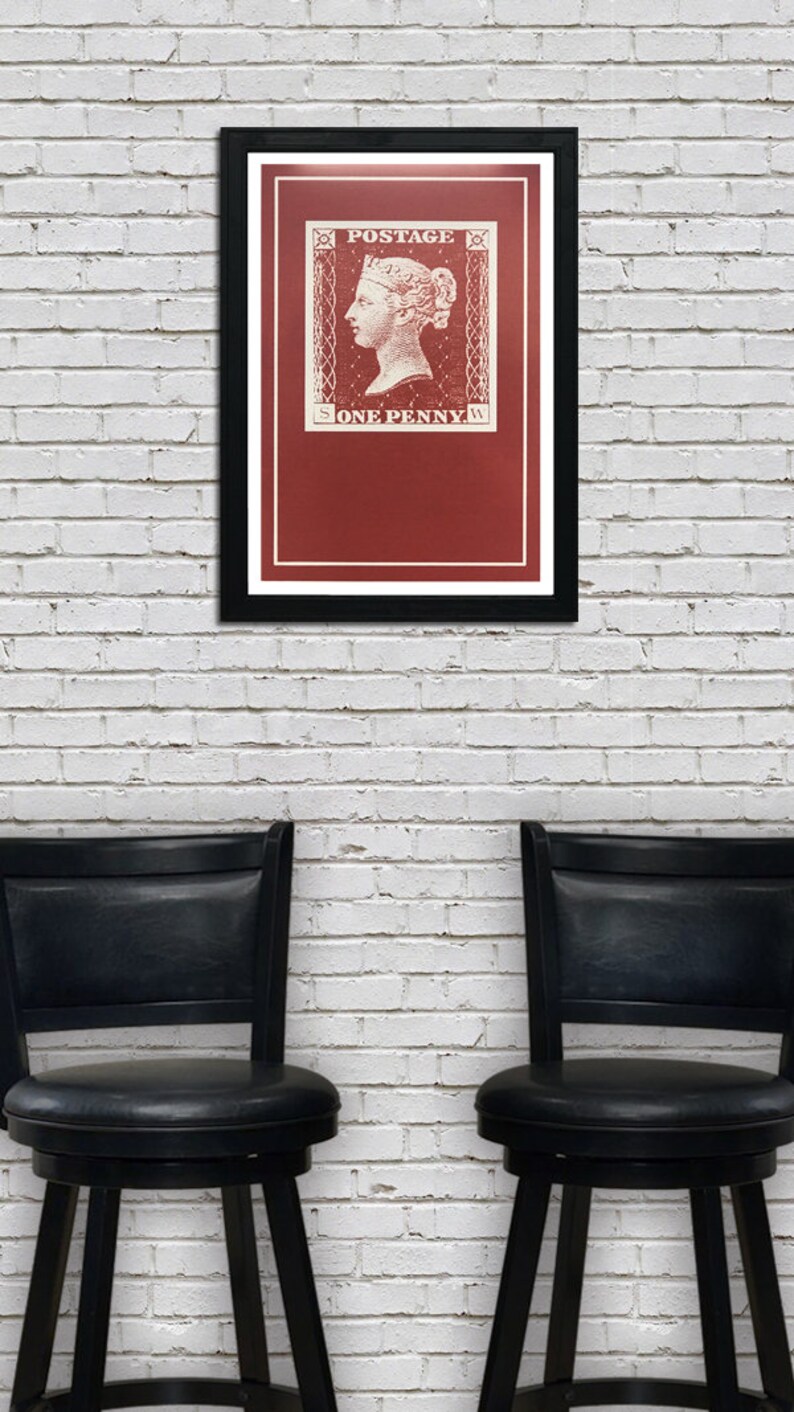 May include: A framed print of a vintage postage stamp featuring a portrait of Queen Victoria with the text "POSTAGE" and "ONE PENNY" in a red and white color scheme.