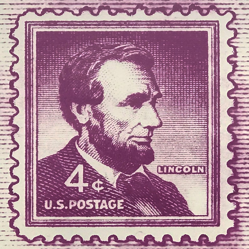 May include: A purple 4-cent U.S. postage stamp featuring a portrait of Abraham Lincoln with the text "LINCOLN" below the portrait.