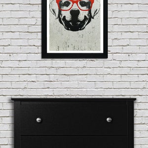 May include: Black and white illustration of a dog wearing red glasses. The dog's face is centred in the image and the background is a light grey.
