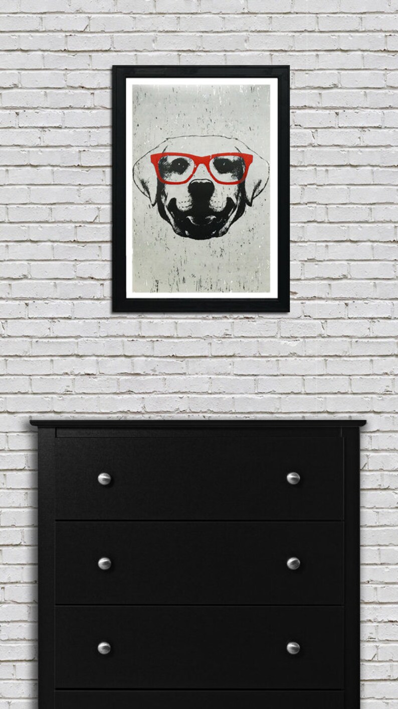 May include: Black and white illustration of a dog wearing red glasses. The dog's face is centred in the image and the background is a light grey.
