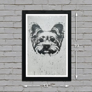 May include: Black and white illustration of a Yorkshire Terrier dog's face in a black frame. The frame is 13 inches wide and 19 inches tall.