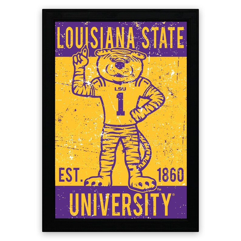 May include: Framed print with the Louisiana State University tiger mascot in a number 1 jersey. The image has a distressed, vintage style, with the text "Louisiana State University" and "Est. 1860". The colour scheme is purple and gold.