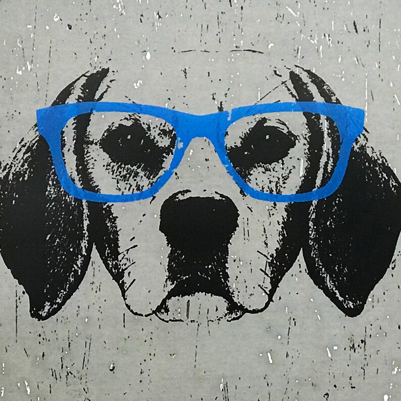 May include: A black and white illustration of a dog wearing blue glasses. The dog has a serious expression and is looking directly at the viewer.
