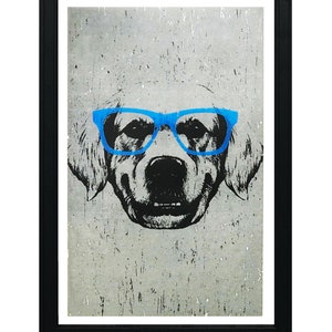 May include: A black and white illustration of a dog wearing blue glasses against a grey textured background.