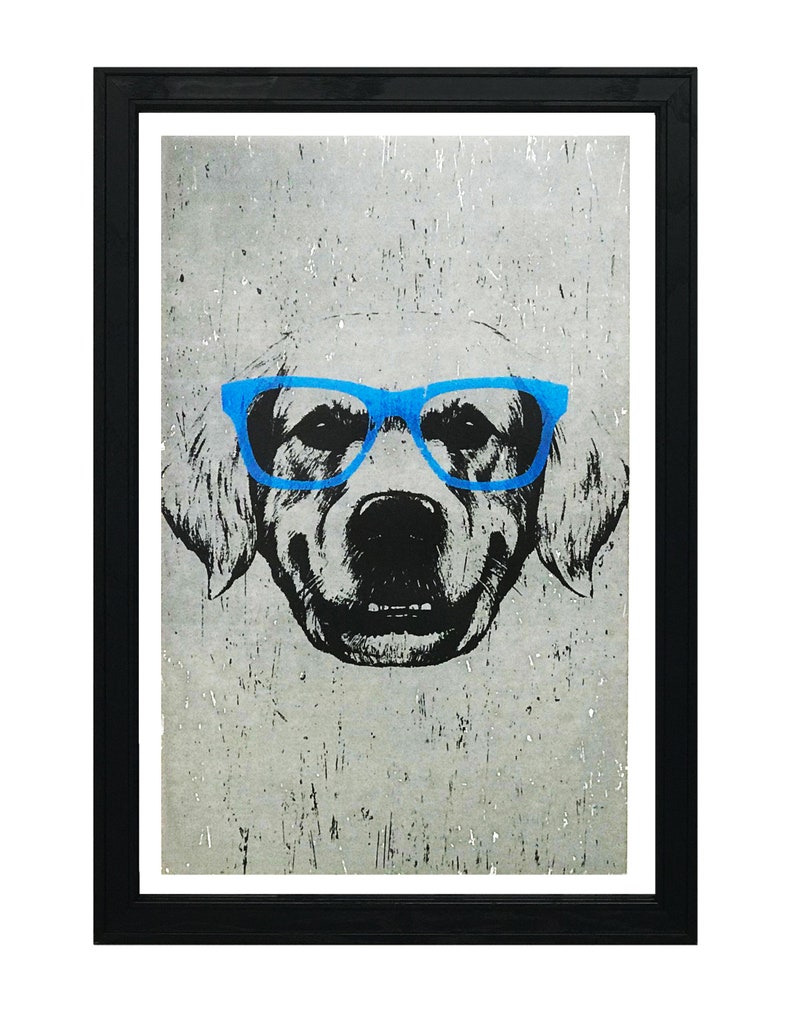 May include: A black and white illustration of a dog wearing blue glasses against a grey textured background.