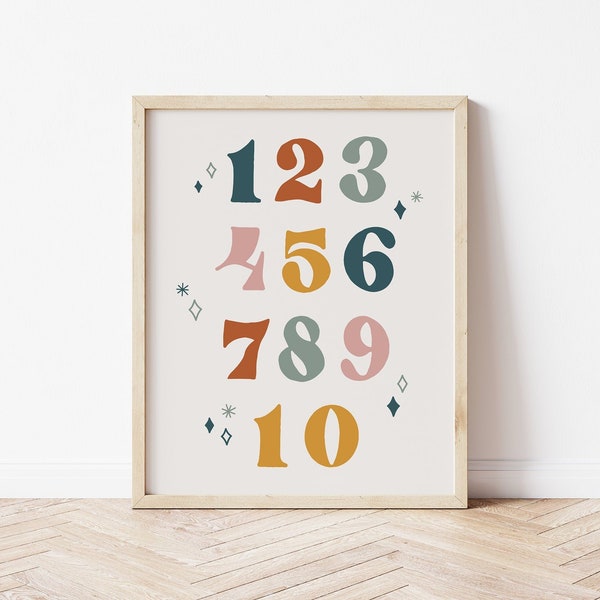 Retro Numbers Printable Art, Boho Retro Kid Counting Art, Modern Playroom art earth tones- PRINTABLE | DIGITAL Download 8x10, 11x14, A3, A4