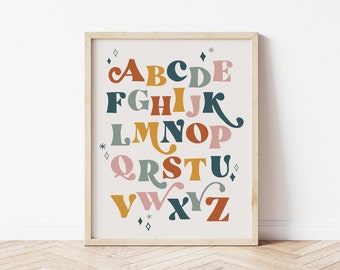 Retro Alphabet Printable Art, Boho Retro Kid Room Art, Modern Playroom art earth tones- PRINTABLE | DIGITAL Download 8x10, 11x14, A3, A4