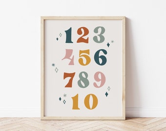 Retro Numbers Printable Art, Boho Retro Kid Counting Art, Modern Playroom art earth tones- PRINTABLE | DIGITAL Download 8x10, 11x14, A3, A4