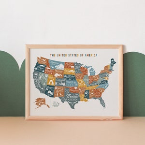 Vintage USA Karte druckbare Kunst, Retro Kinderzimmer Kunst, Retro Spielzimmer Kunst, USA Klassenzimmer Poster | DIGITALER Download 24x36, 30x40, A1