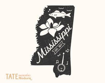 May include: A black and white graphic of the state of Mississippi, featuring a magnolia flower, fish, banjo, and musical notes. The word "Mississippi" is written in a stylized font, with "EST. 1817" below. Text at the top reads "COMMERCIAL USE ALLOWED FOR PHYSICAL PRODUCTS*"