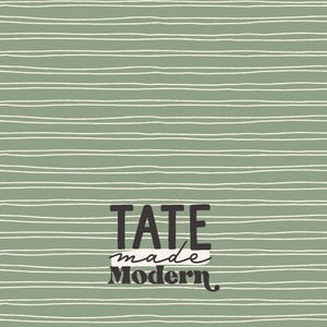 May include: Sage green background with white horizontal lines. The text "TATE made Modern" is displayed in a dark gray font with a white underline.