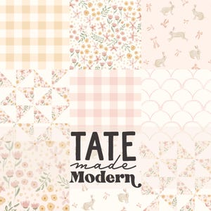 Pode incluir: Uma colagem de nove padrões diferentes em rosa, branco e amarelo. Os padrões incluem xadrez, flores e desenhos de conchas. O texto "TATE made Modern" está no centro da colagem.