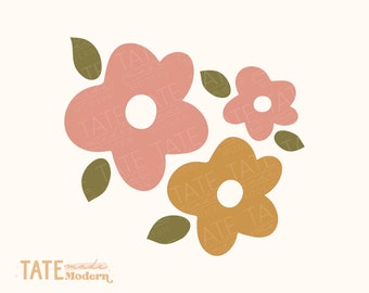 May include: Three stylized flower shapes in a cluster. The largest flower is pink with a white center. The second largest flower is orange with a white center. The smallest flower is pink with a white center. The flowers are surrounded by three green leaves.