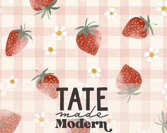 Summer Strawberries Seamless Pattern File - watercolor strawberry gingham seamless pattern, pink and cream summer berry fabric pattern
