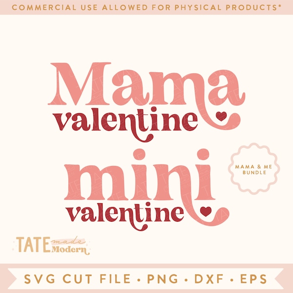 Mama Valentine & Mini Valentine Retro SVG cut file bundle - mommy and me valentine shirt svg, matching png - Commercial Use, Digital File