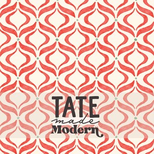 May include: A repeating pattern of red, curved shapes with a watercolor effect, set against a cream background. Small green dots are interspersed throughout the design. The text "TATE made Modern" is displayed in black.