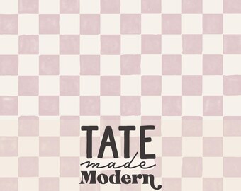 May include: A digital art print featuring a checkerboard pattern in soft pink and cream hues. The words "TATE made Modern" are displayed in a bold, black font.