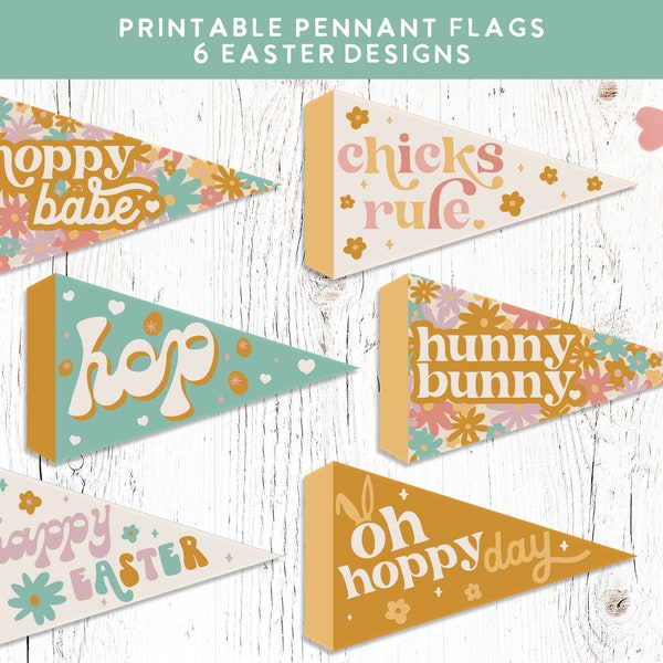 PRINTABLE Easter Pennant Flags, Easter basket printable decor, Retro printable pennant, Hoppy day happy easter printable | DIGITAL Download