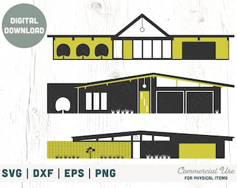 SVG cut file BUNDLE - 3 Mid Century Modern houses - MCM - Palm Springs - Eichler - Rummer - Commercial Use, Digital File