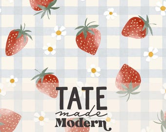 Summer Strawberries Seamless Pattern File - watercolor strawberry gingham seamless pattern, blue and white summer berry fabric pattern