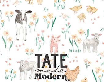 May include: A seamless pattern featuring watercolour illustrations of farm animals, including a cow, pig, sheep, chickens, and ducklings. The background is a white field with green grass, pink and yellow flowers, and daffodils. The text "TATE made Modern" is centred in the pattern.