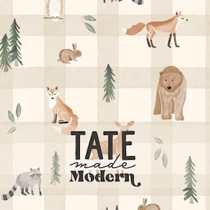Fichier de motif à carreaux animaux des bois aquarelle - motif forêt Vichy beige sans couture, renard, ours, raton laveur, motif enfants sans couture