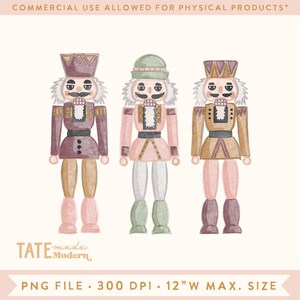 May include: Three watercolor nutcracker illustrations in shades of pink, purple, and gold. Each nutcracker has a unique hat and uniform design. The image includes the text "COMMERCIAL USE ALLOWED FOR PHYSICAL PRODUCTS*" and "PNG FILE • 300 DPI • 12"W MAX. SIZE."