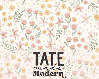 May include: A floral pattern with pink and yellow flowers and green leaves on a cream background. The text "TATE made Modern" is displayed in a dark brown font.