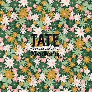 May include: A green background with a pattern of white, pink, and yellow flowers. The text "TATE made Modern" is in the center of the image.