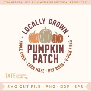 May include: A brown circle with the text "Locally Grown Pumpkin Patch" in white. The circle is surrounded by the text "Apple Cider, Corn Maze, Hay Rides, U-Pick Field" in white. Three pumpkins are in the center of the circle, one orange, one brown, and one beige.