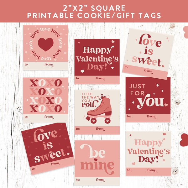 PRINTABLE 2"x2" Retro Valentine Gift Tag Set, Boho Red Pink Valentine Cookie Tags, Retro Vintage Valentine Tags | DIGITAL Download