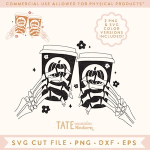 May include: Black and white illustration of two coffee cups with a pumpkin design held by a skeleton hand. The text "TATE made Modern." is below the cups.