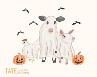 Könnte beinhalten: Aquarellillustration mit einer Kuh, einem Schwein und einem Huhn als Geister, mit Fledermäusen und Kürbissen. Der Text enthält "COMMERCIAL USE ALLOWED FOR PHYSICAL PRODUCTS*" und "PNG FILE • 300 DPI • 30.48cm B MAX. GRÖSSE."