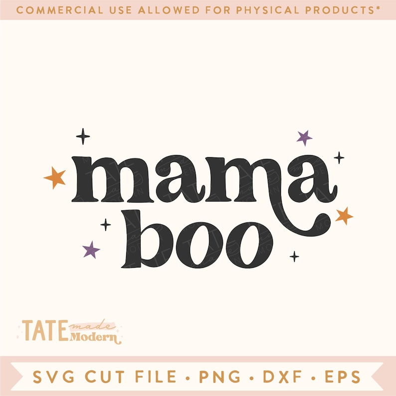 May include: Black and white text graphic with the words "mama boo" in a retro font. The text is surrounded by small stars in orange and purple.